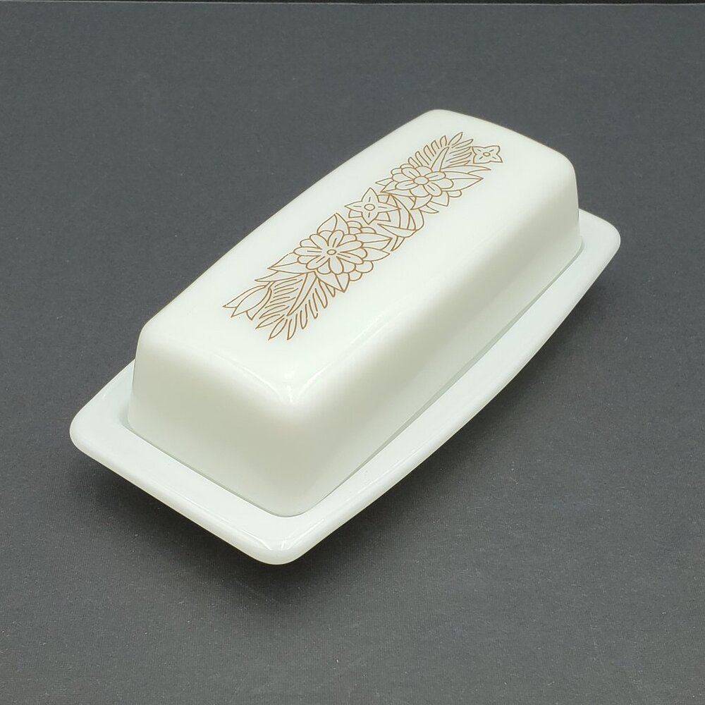 Pyrex Woodland Brown Covered Butter Dish Brown Flowers on White Butter Plate